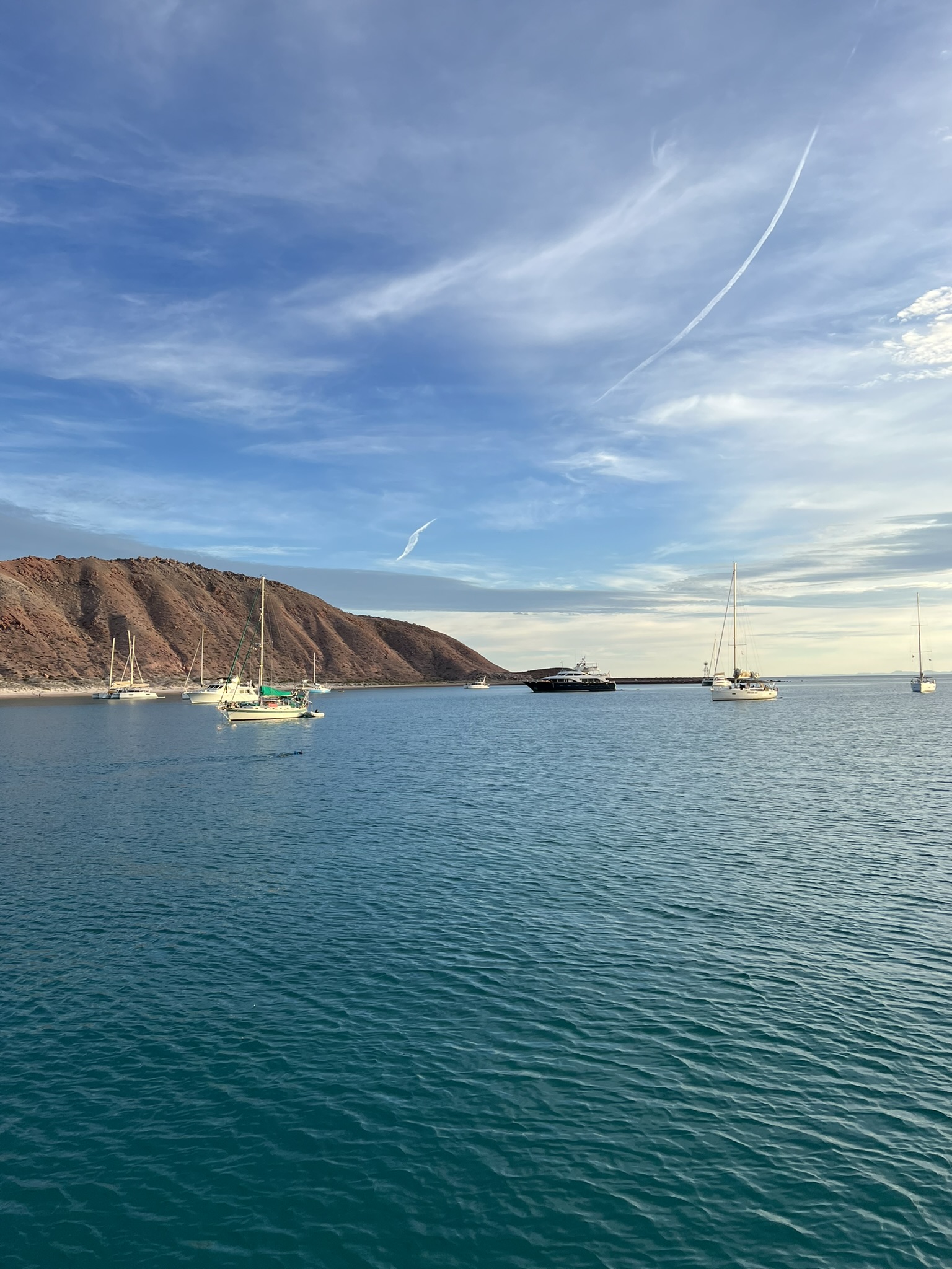 A handful of boats anchored on a calm afternoon
