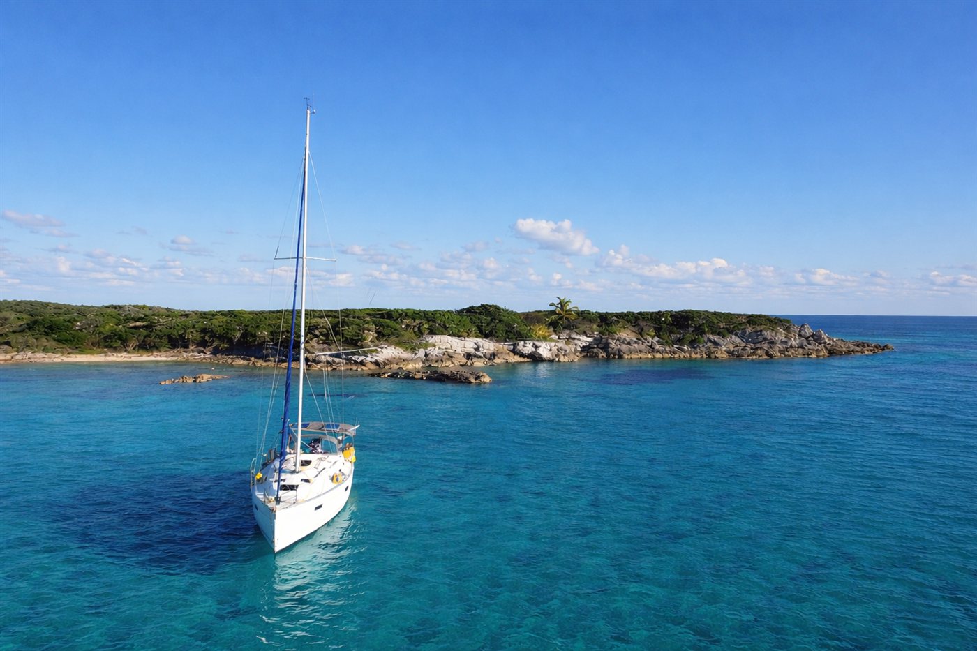 Sweetwater, a Bavaria 36 monohull at anchor in the Exumas